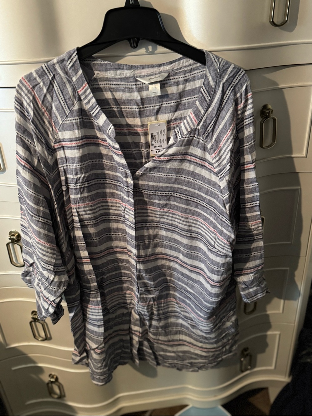 CJ Banks Navy & White Striped Button-Front Tunic with Pink Accents